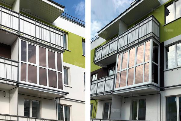 Французское остекление балкона  Г-образ. 3,3х0,8 м с тонировкой