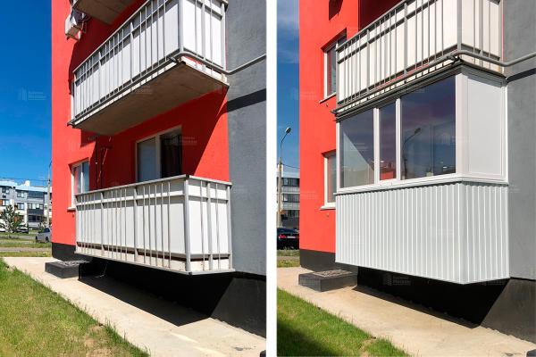 Недорогой ремонт балкона 3200х800 с остеклением и отделкой парапета профлистом