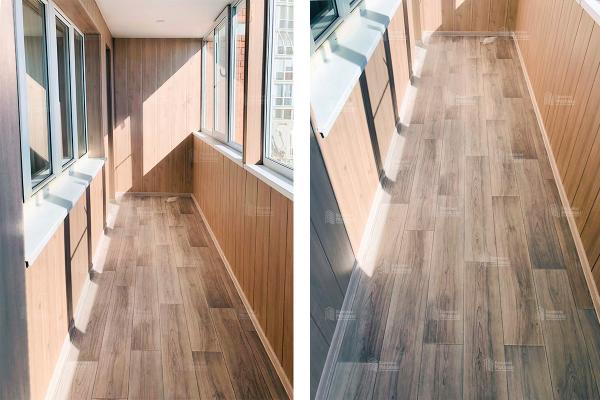 Отделка лоджии 7.6 м2 с остеклением Exprof, поднятием пола и отделкой ПВХ панелями