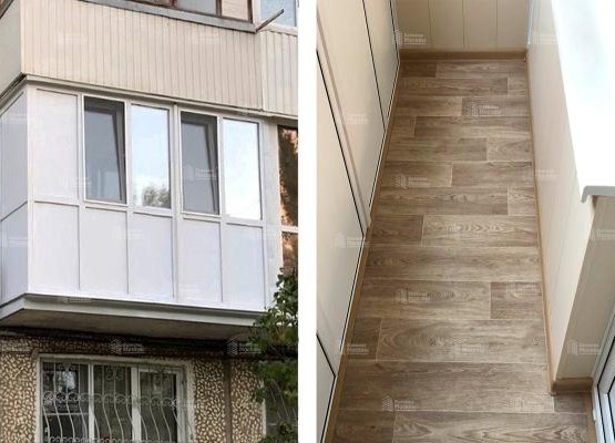 Балкон с выносом по плите: французские окна Brusbox и отделка ПВХ панелями