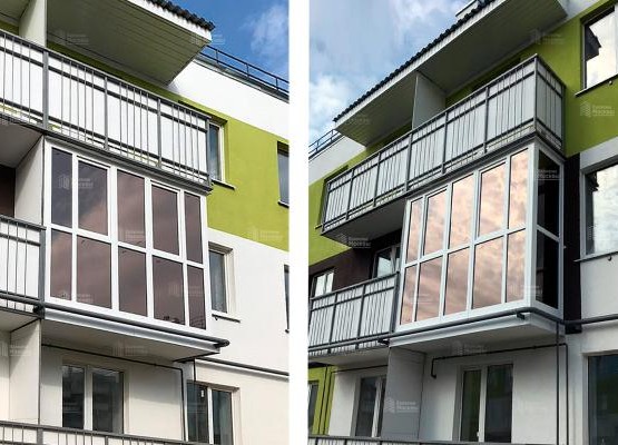 Французское остекление балкона  Г-образ. 3,3х0,8 м с тонировкой