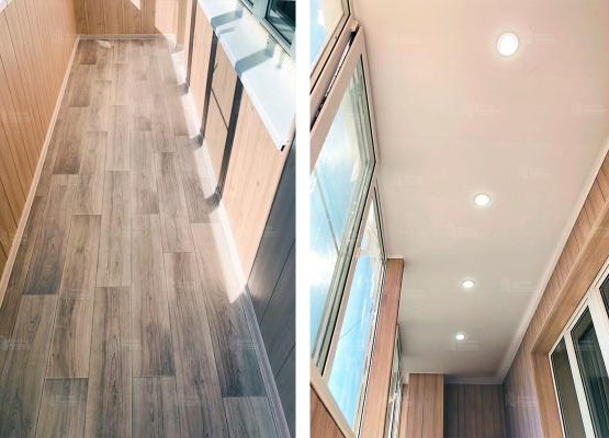 Отделка лоджии 7.6 м2 с остеклением Exprof, поднятием пола и отделкой ПВХ панелями