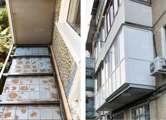 Балкон с выносом по плите: французские окна Brusbox и отделка ПВХ панелями