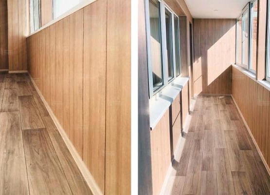 Отделка лоджии 7.6 м2 с остеклением Exprof, поднятием пола и отделкой ПВХ панелями