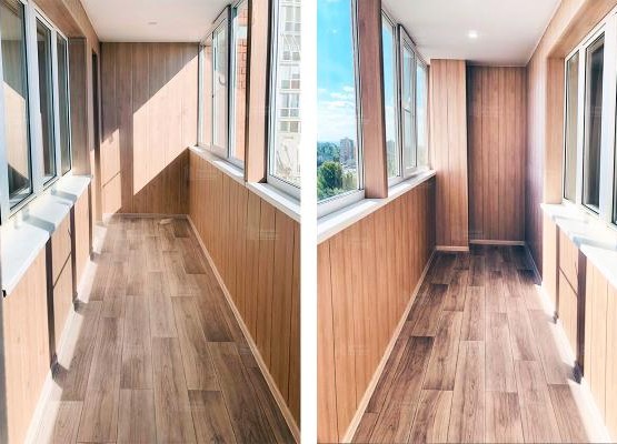 Отделка лоджии 7.6 м2 с остеклением Exprof, поднятием пола и отделкой ПВХ панелями