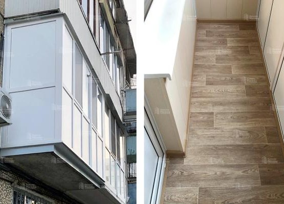 Балкон с выносом по плите: французские окна Brusbox и отделка ПВХ панелями