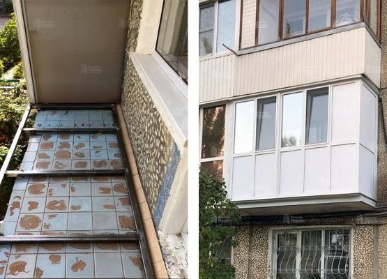 Балкон с выносом по плите: французские окна Brusbox и отделка ПВХ панелями