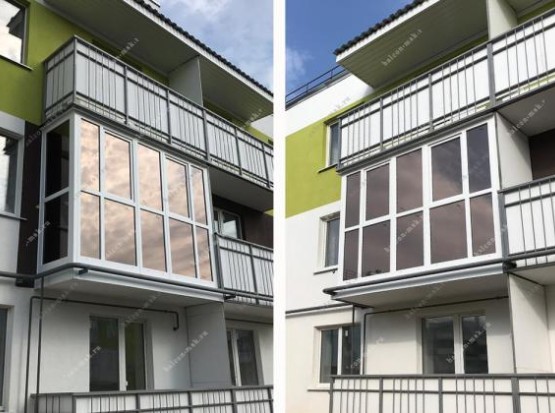 Французское остекление балкона  Г-образ. 3,3х0,8 м с тонировкой