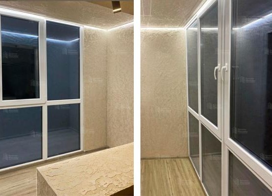 Панорамное остекление с выносом «Комфорт»: совмещение с комнатой, окна в пол, штукатурка