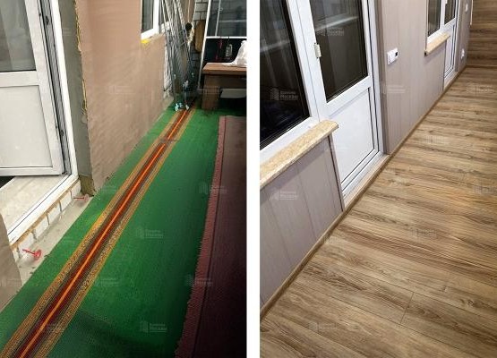 Ремонт лоджии 8 м2 с остеклением, теплым полом, отделкой ламинатом и ПВХ панелями под ключ