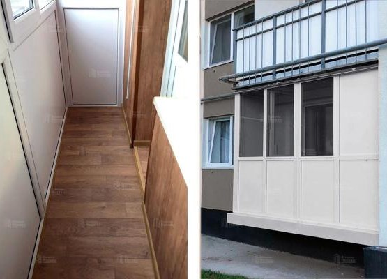 Цена на балкон с французским окнами, цоколем из сэндвич-панелей и отделкой