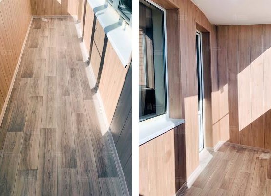 Отделка лоджии 7.6 м2 с остеклением Exprof, поднятием пола и отделкой ПВХ панелями