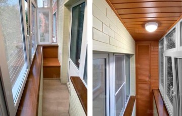 ПВХ остекление балкона с утеплением и отделкой стеновым паркетом из липы