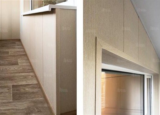 Балкон с выносом по плите: французские окна Brusbox и отделка ПВХ панелями