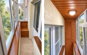 ПВХ остекление балкона с утеплением и отделкой стеновым паркетом из липы