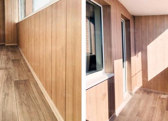 Отделка лоджии 7.6 м2 с остеклением Exprof, поднятием пола и отделкой ПВХ панелями