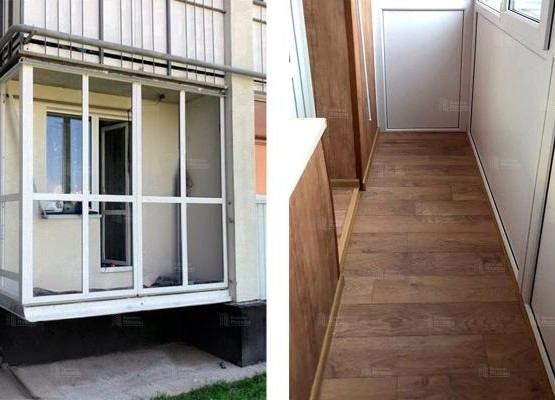 Цена на балкон с французским окнами, цоколем из сэндвич-панелей и отделкой