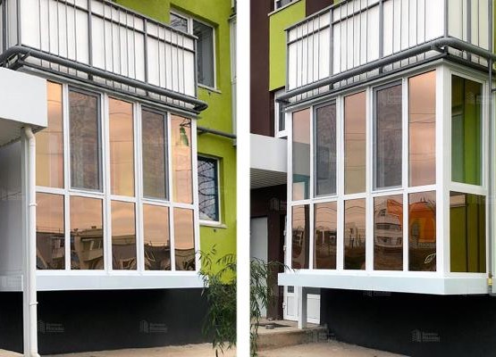 Остекление балкона с панорамным видом, зеркальной тонировкой и энергосберегающими стеклопакетами