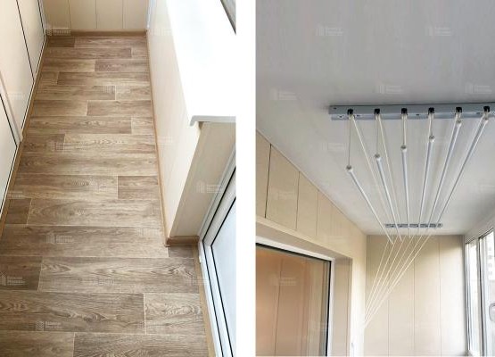 Балкон с выносом по плите: французские окна Brusbox и отделка ПВХ панелями